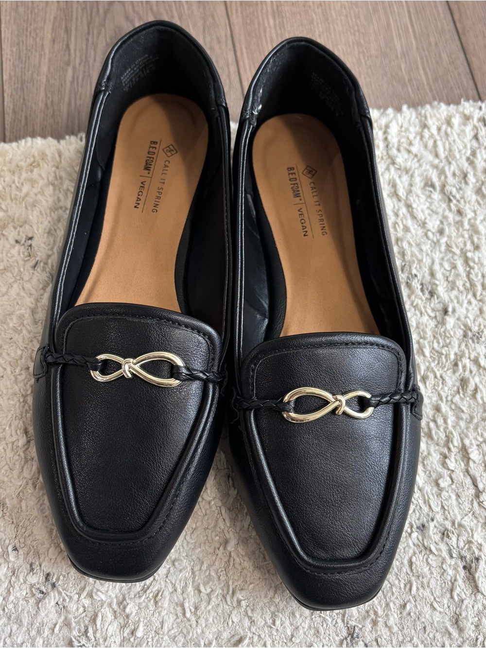 Call it Spring Vegan Leather BlackLoafers - Classic Slip-On with metallic accent